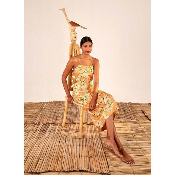 FARM Rio Dresses & Skirts - FARM Rio Dress Womens Size Large L Caramel Raining Bananas Linen Midi Backless